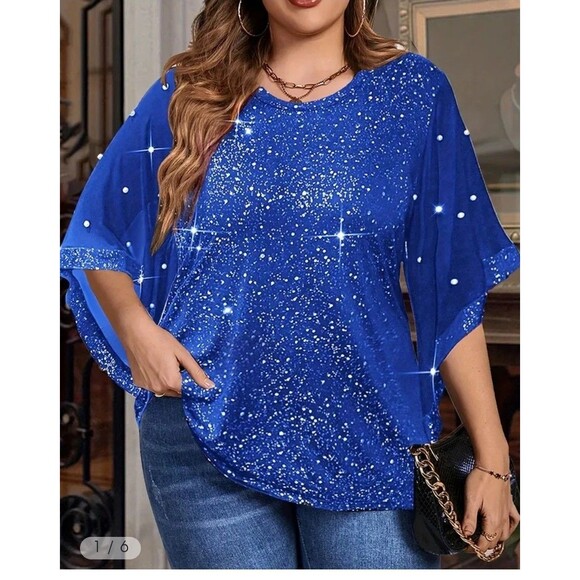 EUC Cobalt Blue Shimmering Top with Pearl Accents on Sleeves, 2XL - Picture 1 of 7
